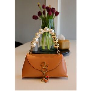 Elegant Tan Handbag with Pearl Handle